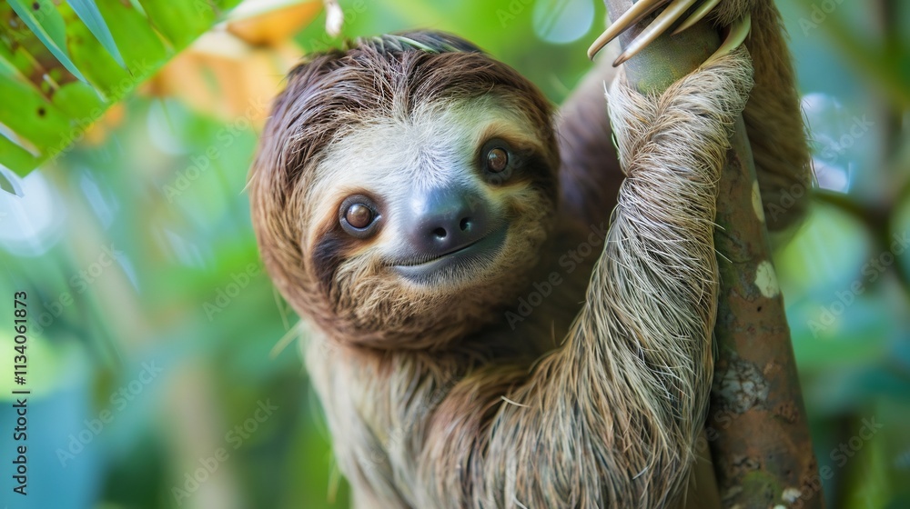 Adorable Sloth Hanging on a Tree Branch in Lush Rainforest Adorable Sloth Hanging on a Tree Branch in Lush Rainforest