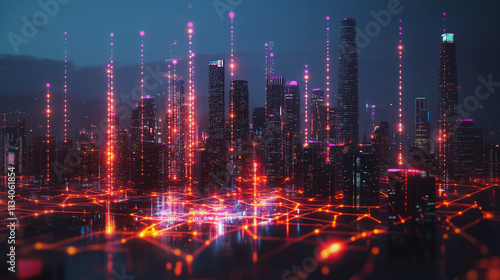 Wallpaper Mural Smart digital Innovation city with connection network reciprocity over the cityscape. of future smart wireless digital city and social media networking systems that connects people with in city Torontodigital.ca