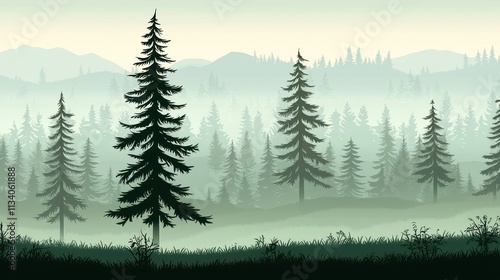 Misty forest landscape adventure nature scene digital art serene environment wide angle view tranquil concept for relaxation