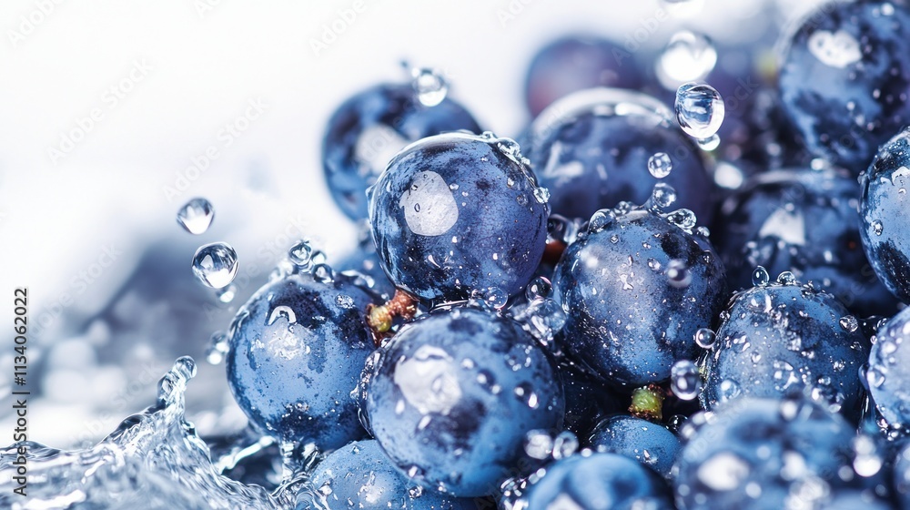 Fresh blueberries splashing in water, highlighting freshness and vitality. Fresh blueberries splashing in water, highlighting freshness and vitality.
