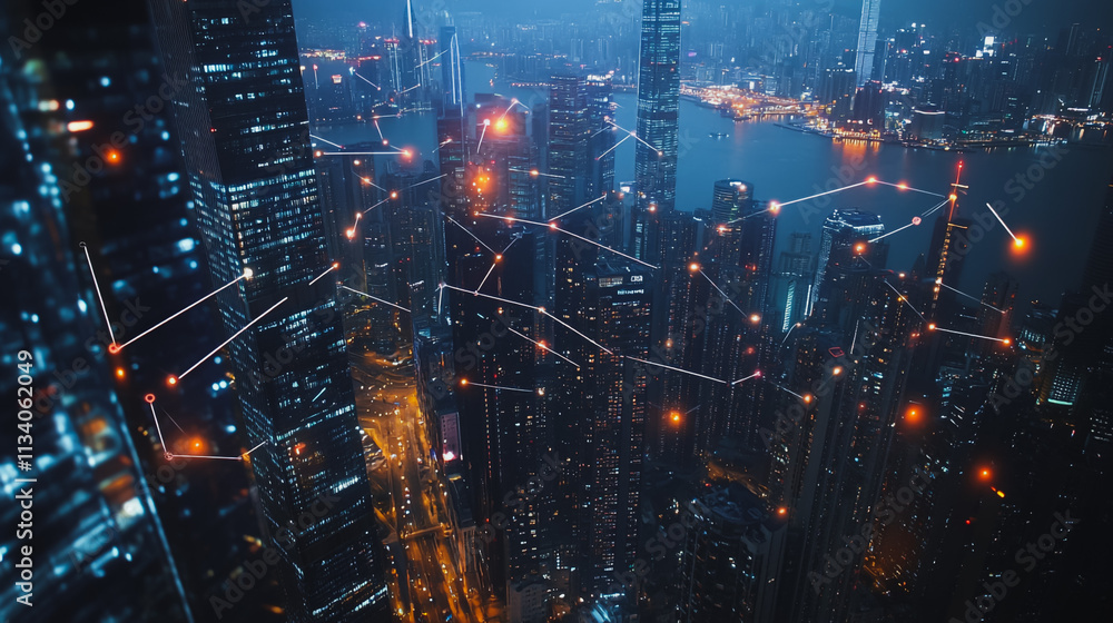 Smart digital Innovation city with connection network reciprocity over the cityscape. of future smart wireless digital city and social media networking systems that connects people with in city Smart digital Innovation city with connection network reciprocity over the cityscape. of future smart wireless digital city and social media networking systems that connects people with in city