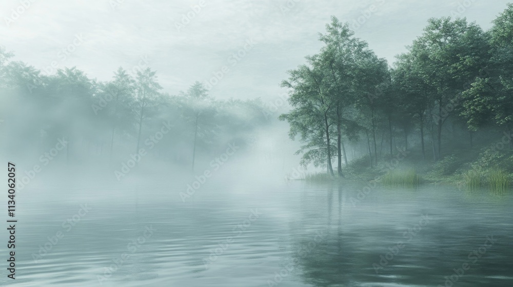 Fototapeta premium Misty Morning Lake with Foggy Forest Trees