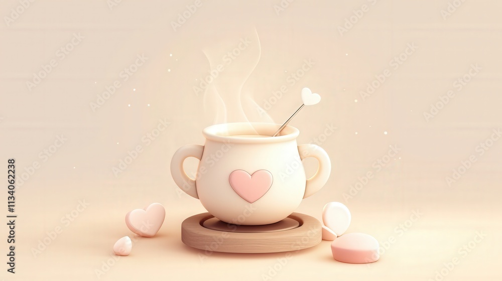 Fototapeta premium A cute, heart-adorned mug filled with steaming beverage, surrounded by delicate heart-shaped marshmallows, evokes a warm, cozy atmosphere.