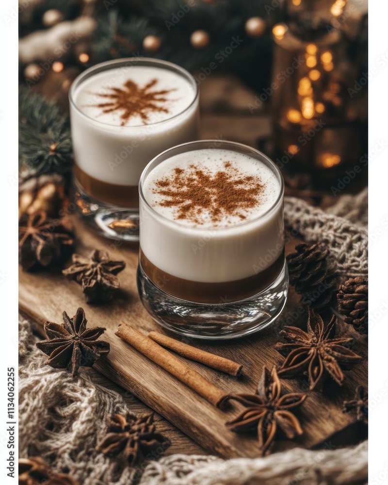 Two festive drinks with creamy layers and cinnamon, surrounded by seasonal decorations. Two festive drinks with creamy layers and cinnamon, surrounded by seasonal decorations.