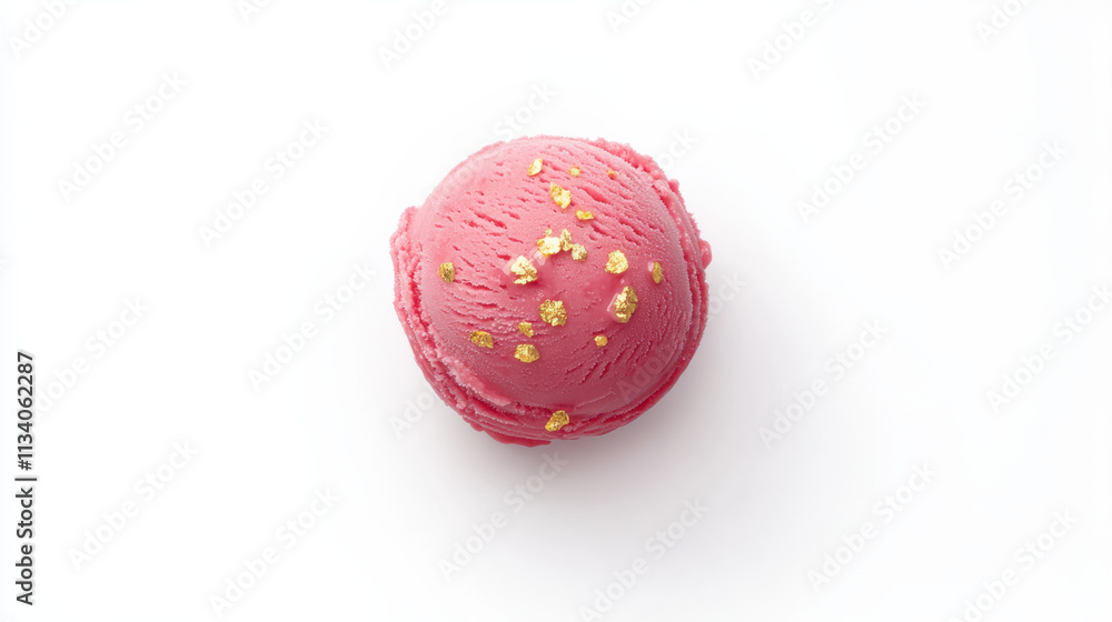 A single scoop of vibrant raspberry-flavored ice cream, speckled with crushed golden caramel flakes, floating on a crisp white background A single scoop of vibrant raspberry-flavored ice cream, speckled with crushed golden caramel flakes, floating on a crisp white background