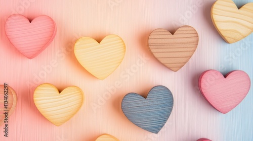 Colorful wooden hearts arranged on a pastel background. Romantic flat lay concept. photo