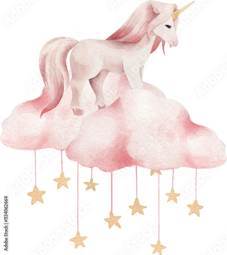 Watercolor vector unicorn on cloud and stars. Cute illustration.
