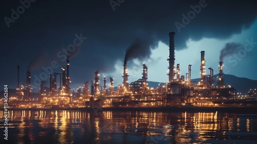 Impressive wide angle view of a busy industrial refinery facility operating at night with glowing lights towering smokestacks and billowing smoke against an urban skyline backdrop