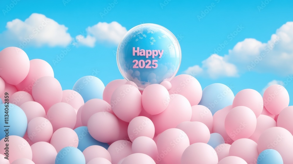 A festive scene featuring pastel-colored balloons with a transparent sphere displaying Happy 2025 against a bright blue sky, Ideal for New Year celebrations, invitations, or digital cards, A festive scene featuring pastel-colored balloons with a transparent sphere displaying Happy 2025 against a bright blue sky, Ideal for New Year celebrations, invitations, or digital cards,