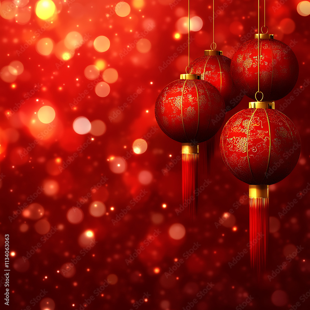 Red Chinese Lanterns Against a Bokeh Background. Festive image of three traditional Chinese lanterns, rich red with gold detailing, hanging against a blurred backdrop of glowing red bokeh. Red Chinese Lanterns Against a Bokeh Background. Festive image of three traditional Chinese lanterns, rich red with gold detailing, hanging against a blurred backdrop of glowing red bokeh.