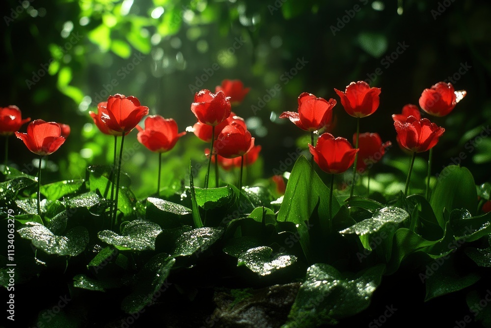 A serene garden scene featuring vibrant red flowers amidst lush green foliage. A serene garden scene featuring vibrant red flowers amidst lush green foliage.