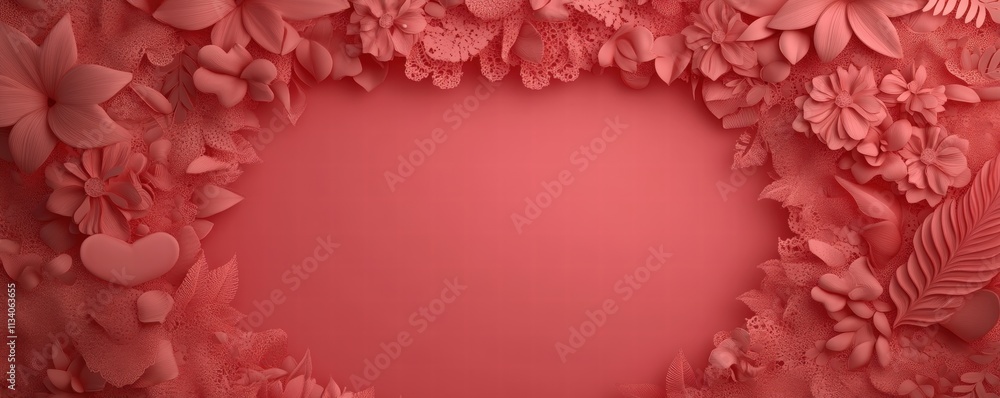 A vibrant coral backdrop adorned with an array of floral shapes, creating a romantic and elegant frame for various applications. A vibrant coral backdrop adorned with an array of floral shapes, creating a romantic and elegant frame for various applications.