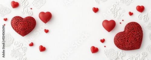 A collection of decorative red hearts arranged on a white background, evoking feelings of love and romance.