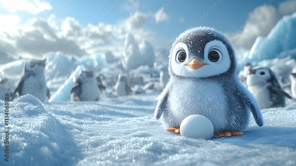 A penguin laying an egg in the snow, surrounded by other penguins in a cold, icy habitat.
A penguin laying an egg in the snow, surrounded by other penguins in a cold, icy habitat.