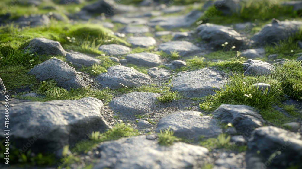 Obraz premium Close-up of a Stone Path Overgrown with Green Grass and Moss