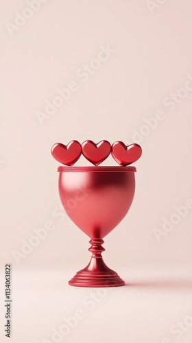 A red trophy-like cup holds three heart-shaped decorations, symbolizing love and achievement against a soft, neutral background.