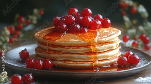 Fluffy pancakes topped with sweet syrup and fresh berries create a delightful breakfast experience in a cozy dining atmosphere