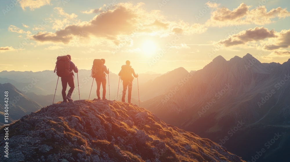 Hikers on a Mountain Peak at Sunset Hikers on a Mountain Peak at Sunset