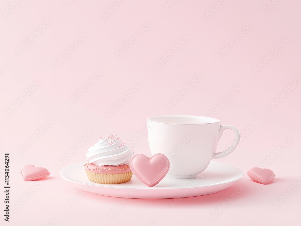 A pastel pink setting featuring a cupcake with frosting, a heart-shaped treat, and a white cup on a plate, creating a sweet and charming aesthetic. A pastel pink setting featuring a cupcake with frosting, a heart-shaped treat, and a white cup on a plate, creating a sweet and charming aesthetic.