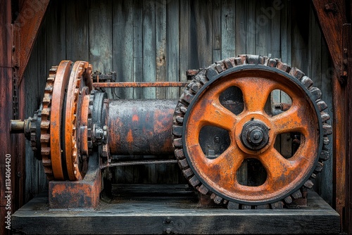 An antique mechanical device with gears and a motor, showcasing industrial design and functionality.