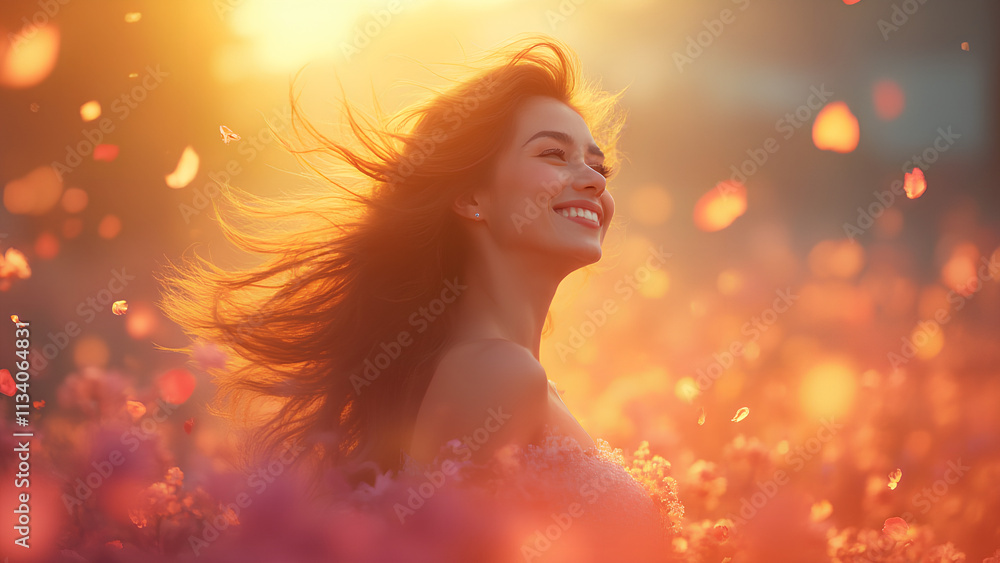 colorful rainbow quality with a gentle smile surrounded by fluttering petals beautiful woman with a delicate expression against the backdrop of the fantastic gradation of the morning sun colorful rainbow quality with a gentle smile surrounded by fluttering petals beautiful woman with a delicate expression against the backdrop of the fantastic gradation of the morning sun