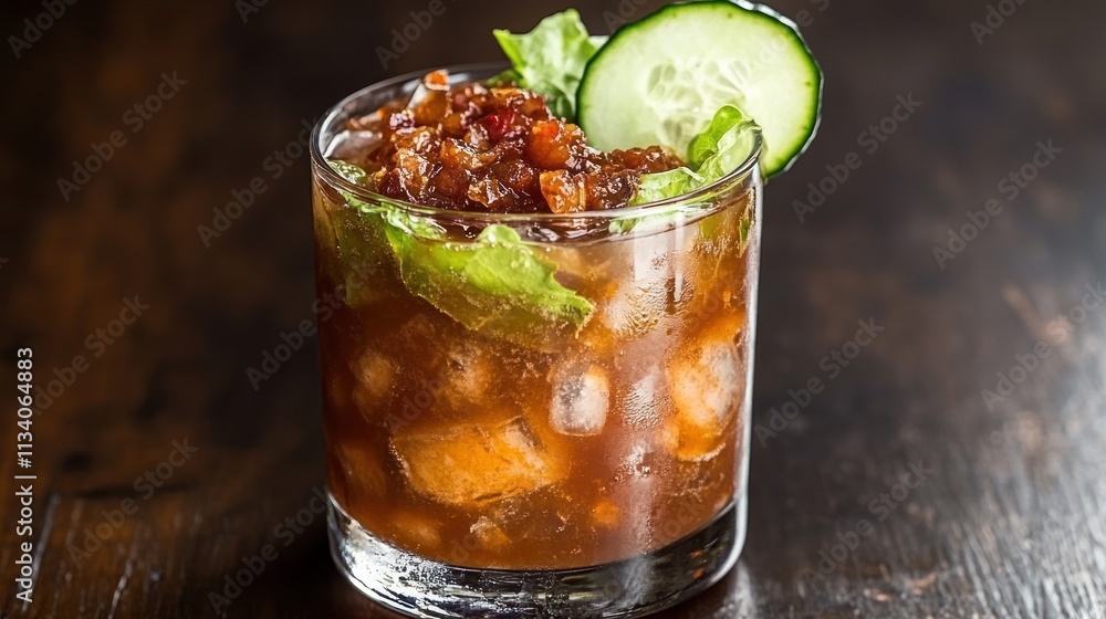 A refreshing drink garnished with cucumber and lettuce, served over ice in a glass. A refreshing drink garnished with cucumber and lettuce, served over ice in a glass.