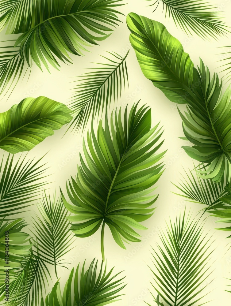 Obraz premium Lush green tropical leaves arrangement nature background botanical illustration calm environment close-up view serenity concept