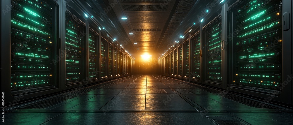 A futuristic data center with rows of servers illuminated by a glowing light. A futuristic data center with rows of servers illuminated by a glowing light.