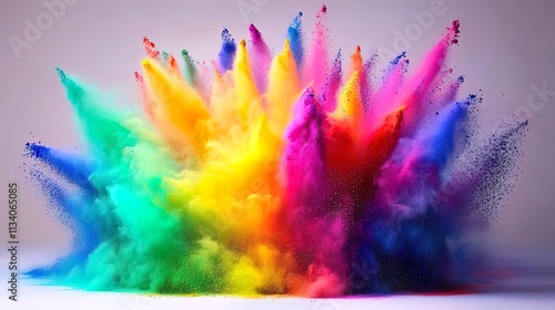 Vibrant rainbow powder explosion on gray background. photo