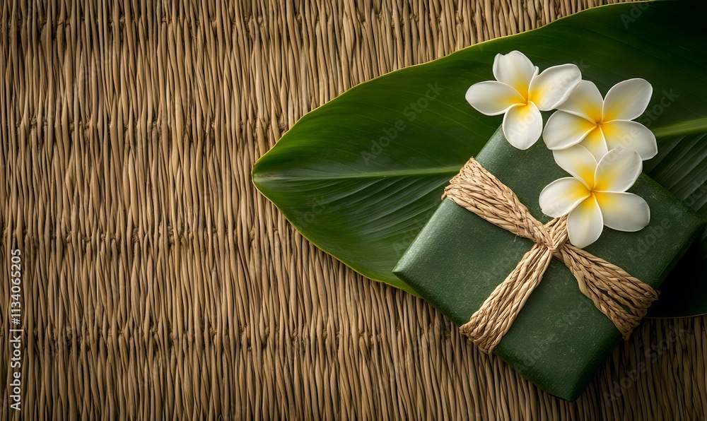 Gift wrapped with flowers on mat. Gift wrapped with flowers on mat.