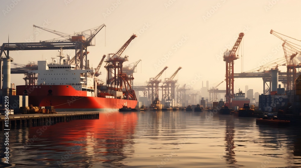 Fototapeta premium Bustling seaport scene with large oil tankers anchored at the docks surrounded by cargo cranes and maritime infrastructure for loading and unloading freight and containers