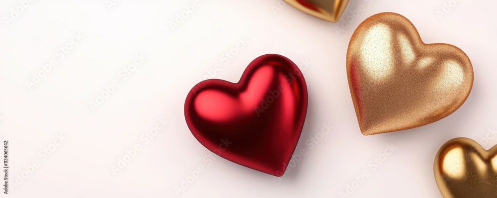 Shiny red and gold hearts are scattered against a light background, symbolizing love and affection. Shiny red and gold hearts are scattered against a light background, symbolizing love and affection.