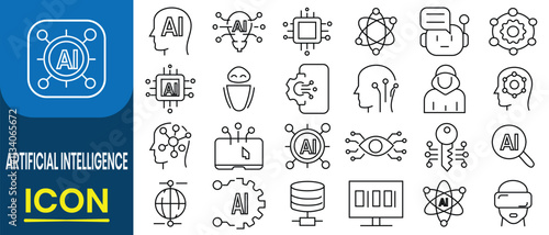 Artificial intelligence icon set. Set of artificial intelligence line icons, technology, digital, chip, chipping, hand, prosthetics, smart house, electron eye, brain, Machine learning icon set.