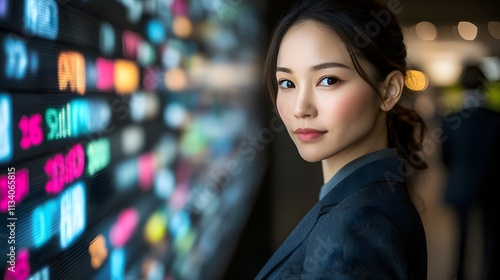 Confident businesswoman standing near a colorful digital display, looking directly at the camera.