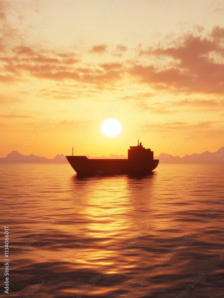 A serene sunset casts golden hues on calm waters, with a silhouette of a ship gently floating on the horizon. A serene sunset casts golden hues on calm waters, with a silhouette of a ship gently floating on the horizon.