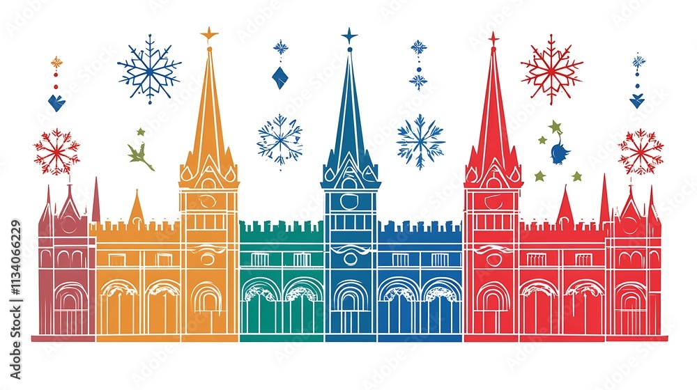Obraz premium Colorful Festive Cathedral Winter Skyline Illustration