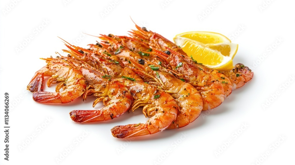 Grilled shrimp garnished with herbs and lemon slices on a white background. Grilled shrimp garnished with herbs and lemon slices on a white background.