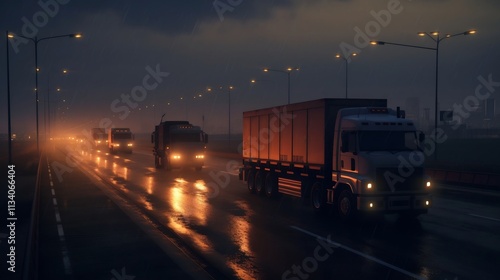 A convoy of oil trucks transporting crude petroleum to a refinery facility at dusk  The trucks are silhouetted against the setting sun