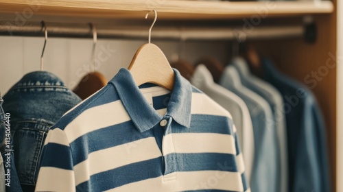 A vintage blue and white rugby polo hangs with retro outfits under warm light on wooden shelves photo