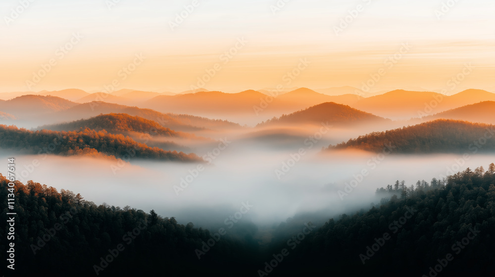 Serene mountain peaks bathed in golden sunrise light, surrounded by a mystical sea of soft white mist, creating a dreamy and tranquil atmosphere. Serene mountain peaks bathed in golden sunrise light, surrounded by a mystical sea of soft white mist, creating a dreamy and tranquil atmosphere.