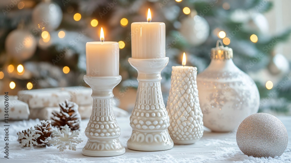Ceramic candlesticks with glowing candles, placed on a table with snowflake patterns and a sparkling holiday tree behind Ceramic candlesticks with glowing candles, placed on a table with snowflake patterns and a sparkling holiday tree behind