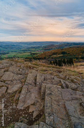 Sonnenuntergang über der Abtsrodaer Kuppe im Herbst, ein Nebengipfel der Wasserkuppe, Biosphärenreservat Rhön, Hessen, Deutschland photo