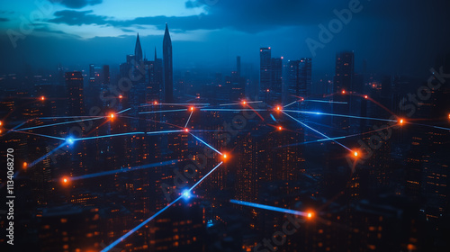 Wallpaper Mural Smart digital Innovation city with connection network reciprocity over the cityscape. of future smart wireless digital city and social media networking systems that connects people with in city Torontodigital.ca