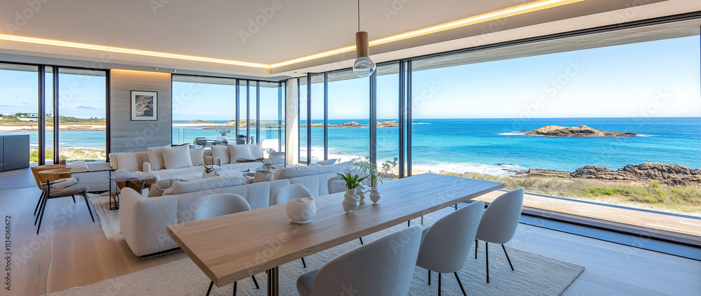 Fototapeta premium Modern living room with ocean view and elegant furnishings.