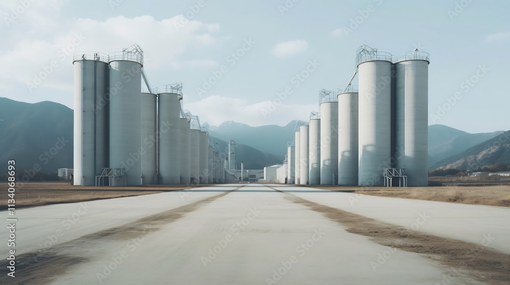 Interconnected silos and pipelines forming a network within a modern efficient cement production factory Interconnected silos and pipelines forming a network within a modern efficient cement production factory