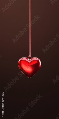 A shiny red heart hangs delicately against a dark background, symbolizing love and affection.