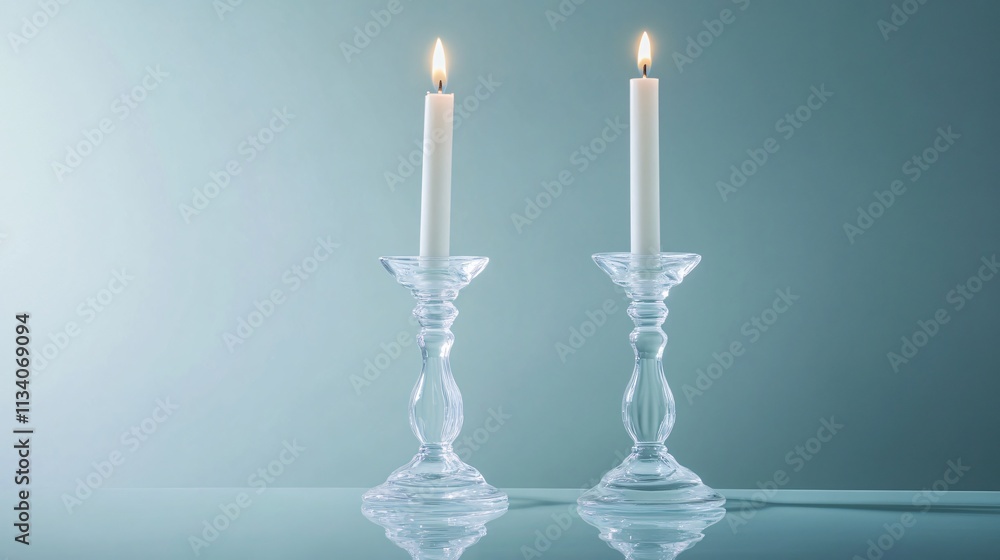 Two frosted glass candlesticks with lit candles, standing on a reflective surface against a pale blue backdrop Two frosted glass candlesticks with lit candles, standing on a reflective surface against a pale blue backdrop