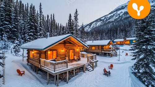 Cozy log cabins nestled in a snowy mountain valley at dusk. photo