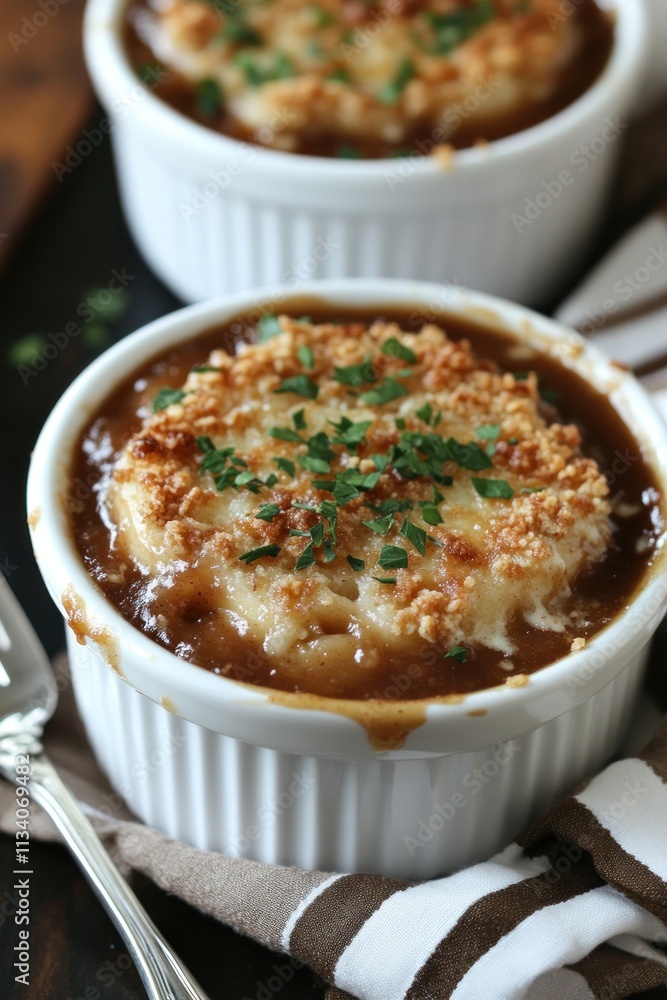A delicious serving of French onion soup topped with crispy cheese and herbs. A delicious serving of French onion soup topped with crispy cheese and herbs.