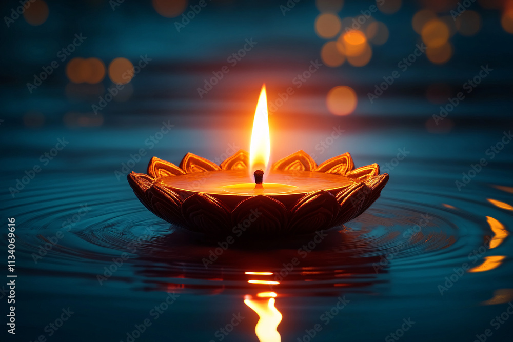 This serene image of a glowing oil lamp on tranquil water is perfect for Hindu festival celebrations, meditation themes, and spiritual events. This serene image of a glowing oil lamp on tranquil water is perfect for Hindu festival celebrations, meditation themes, and spiritual events.